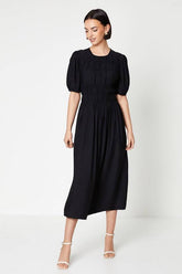 Shirred Bodice Puff Sleeve Midi Dress