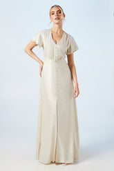 Champagne Shimmer Flutter Sleeve Maxi Wedding Dress