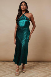 Foil Halterneck Ruffle Foil Midaxi Dress