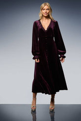 Velvet Lace Trim Button Through Midi Dress