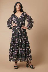 Occasion Floral Printed Metallic Cold Shoulder Midaxi Dress