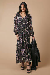 Occasion Floral Printed Metallic Cold Shoulder Midaxi Dress