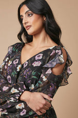 Occasion Floral Printed Metallic Cold Shoulder Midaxi Dress