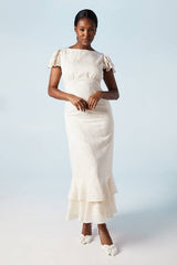 Satin Jacquard Flutter Sleeve Wedding Maxi Dress