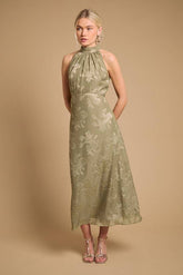 Plain Satin Burnout Halterneck Midi Dress