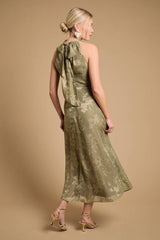 Plain Satin Burnout Halterneck Midi Dress