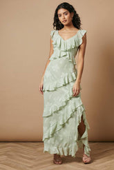 Petite Ruffle Jacquard Print Maxi Dress