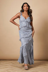 Sequin Lace Ruffle Detail Midaxi Dress