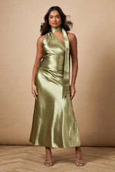 Metallic Satin Tie Neck Dress