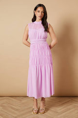 High Neck Occasion Ruched Chiffon Midi Dress
