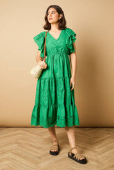 Petite Broderie V Neck Angel Sleeve Maxi Dress
