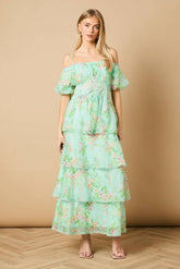 Lace Trim Tiered Off Shoulder Midi Dress