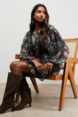 Printed Trim Detail Batwing Mini Dress