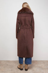 Buckle Detail Faux Fur Collar Belted Coat