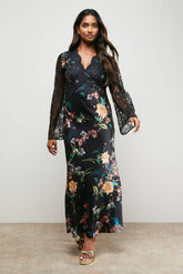 Printed Lace Bodice V Neck Satin Midi Dress