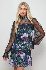 Printed Lace Tiered High Neck Balloon Sleeve Mini Dress