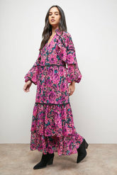 Printed Cape Detail Lace Trim Boho Maxi Dress