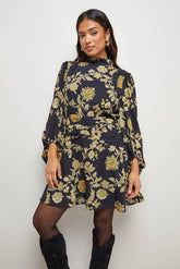 Petite High Neck Gathered Waist Balloon Sleeve Mini Dress