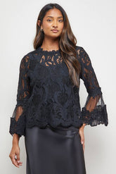 Lace Scalloped Trim Flared Sleeve Blouse