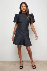 Paisley Jacquard Puff Sleeve Mini Dress