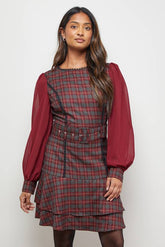 Checked Belted Balloon Sleeve Flippy Mini Dress