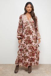Devore Tiered Puff Sleeve Midi Tea Dress