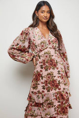 Devore Tiered Puff Sleeve Midi Tea Dress