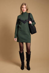 Contrast Lace Stitch High Neck Knitted Mini Dress