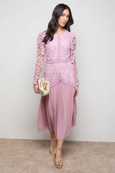 Lace Bodice Pleated Skirt Long Sleeve Midi Dress
