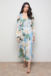 Printed Pleated Bodice Detail Midi Dress