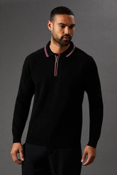 Fine Gauge Long Sleeve Zip Neck Knitted Polo