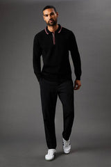Fine Gauge Long Sleeve Zip Neck Knitted Polo