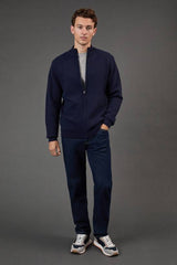Navy Funnel Neck Knitted Zip Through Jumper