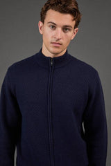 Navy Funnel Neck Knitted Zip Through Jumper
