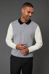 Mid Grey Colour block Long Sleeve Zip Neck Polo Shirt