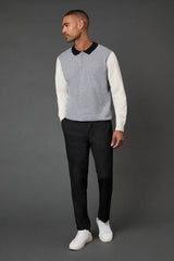 Mid Grey Colour block Long Sleeve Zip Neck Polo Shirt