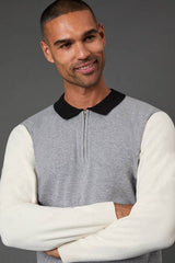 Mid Grey Colour block Long Sleeve Zip Neck Polo Shirt