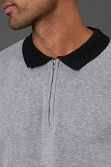 Mid Grey Colour block Long Sleeve Zip Neck Polo Shirt