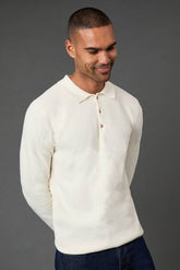 Off White Ribbed Long Sleeve Knitted Polo Shirt