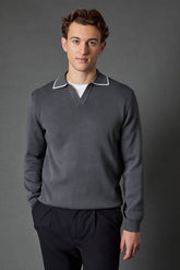 Charcoal Resort Collar Knitted Long Sleeve Polo Shirt