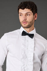 White Ruffle Front Slim Fit Long Sleeve Shirt