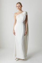 Bow And Drape Detail One Shoulder Satin Wedding Dress