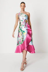 One Shoulder Seam Detail Ruffle Midi Dress
