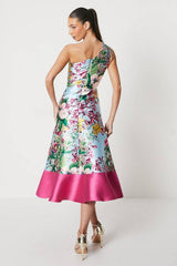 One Shoulder Seam Detail Ruffle Midi Dress