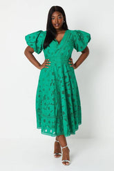 Plus Lace Midi Dress With Puff Sleeve