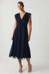 Bow Detail Mesh Midi Bridesmaid Dress