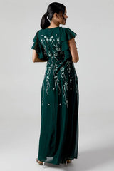 Ruffle Sleeve Embroidered Bridesmaid Dress