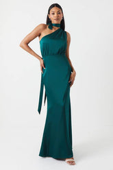 One Shoulder Tie Neck Satin Bridesmaid Dress