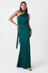 One Shoulder Tie Neck Satin Bridesmaid Dress