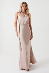 One Shoulder Tie Neck Satin Bridesmaid Dress